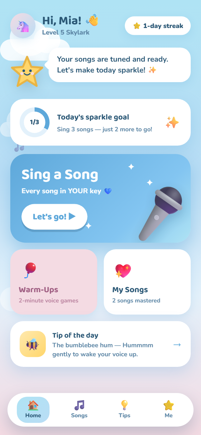 TwinkleTune home screen showing a daily sparkle goal and a large Sing a Song button