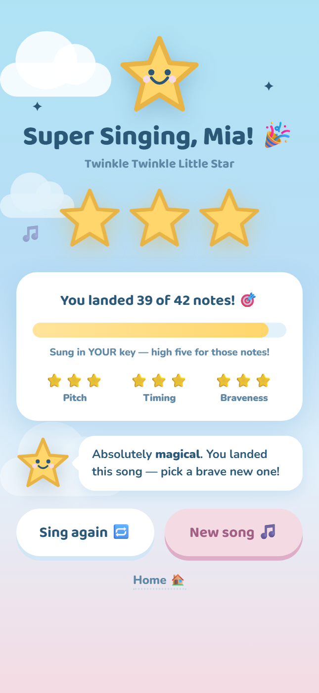 TwinkleTune results screen celebrating a completed song with stars and sparkles