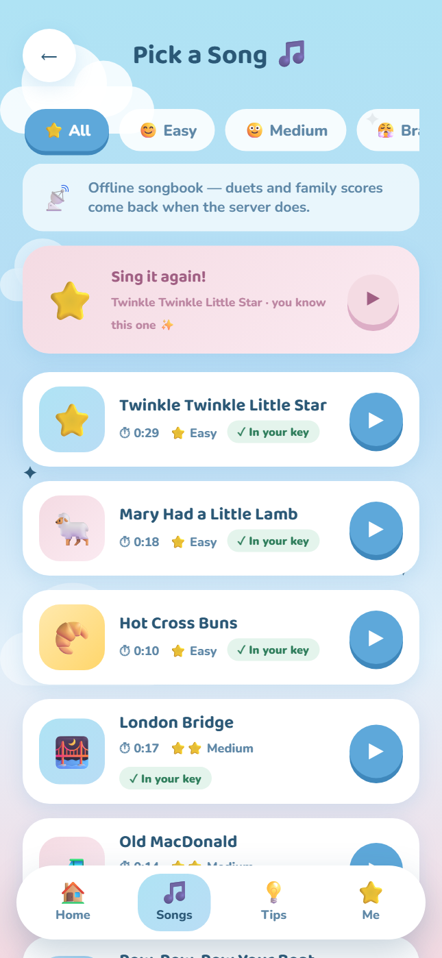TwinkleTune song picker with familiar songs marked as tuned for the singer