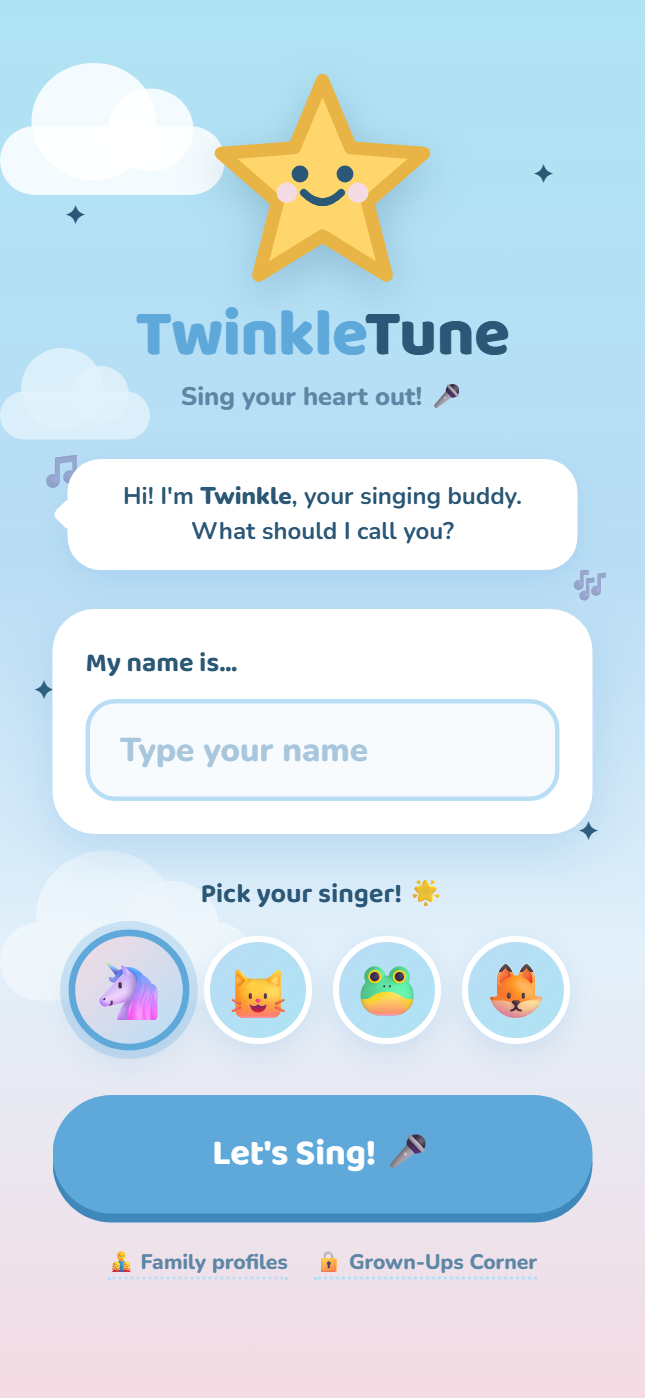 TwinkleTune welcome screen where a child enters their name and picks a singer avatar